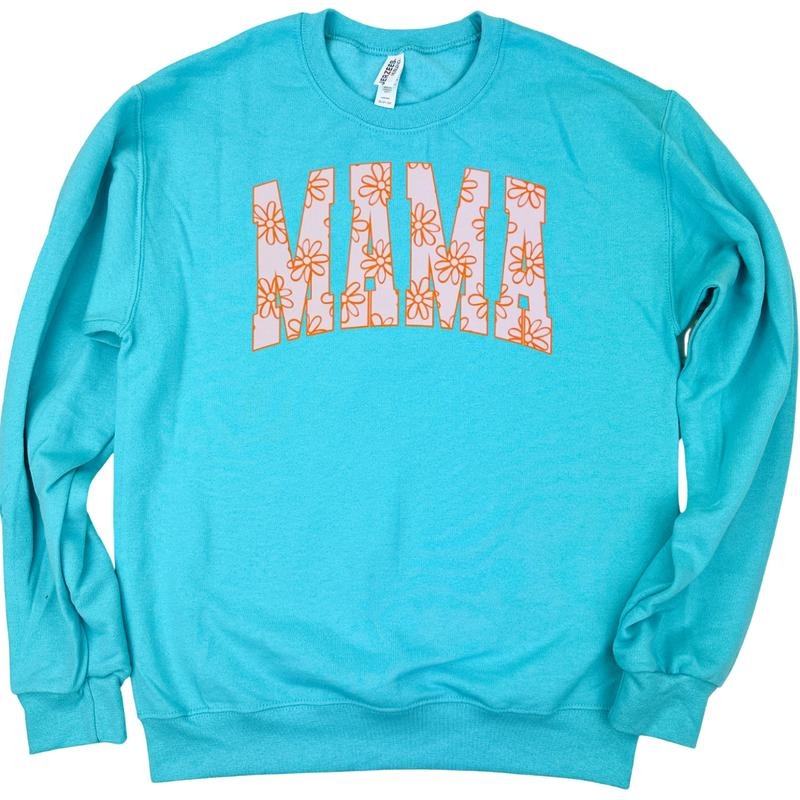 Mama Retro Flowers Gildan Sweatshirt -- SCUBA BLUE T-Shirts, Hoodie | HypeCrazeTee.com
