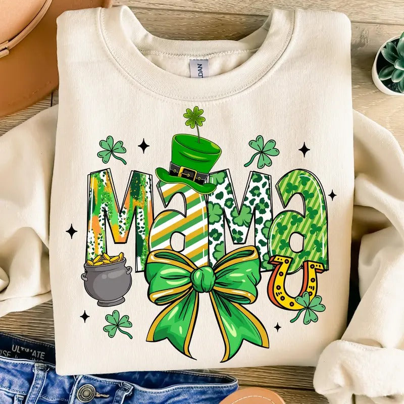 Mama St. Patrick's Day Coquette Sweatshirt, Lucky Mama St. Patty's Day T-Shirt, Shamrock Crewneck, Irish Lucky Charm...