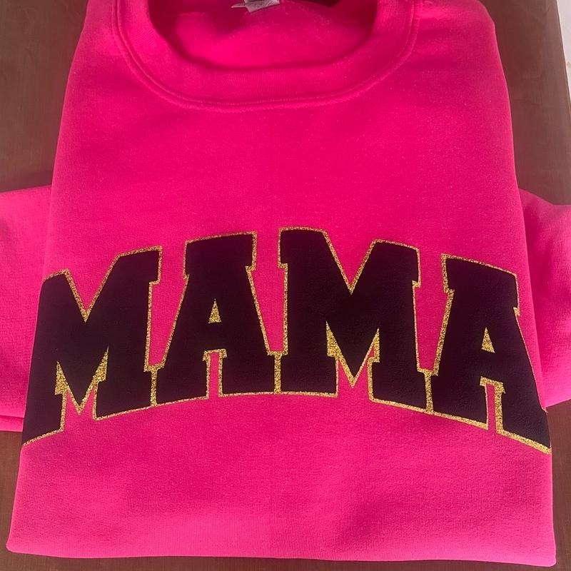 Mama Sweatshirt Puff Vinyl and Gold Glitter Comfy Fit Light Loose Womenswear Comfortable T-Shirts, Hoodie | HypeCrazeTee.com