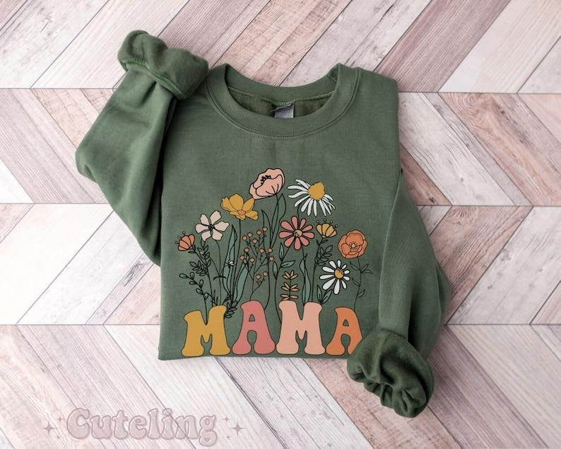 Mama Sweatshirt, Mama Crewneck Wildflowers Mama, Mothers Day Gift for New Mom Gift, Shower  Hoodie and Sweater; T-shirt...