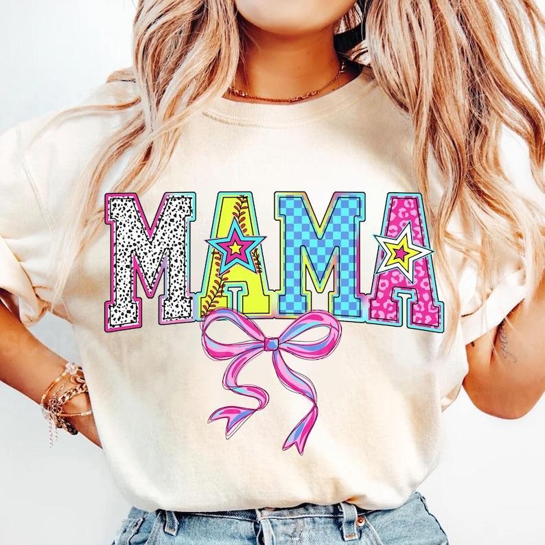 Mama Varsity Baseball Coquette Bow Brushstroke Game Day T-Shirts, Hoodie, Sweatshirt