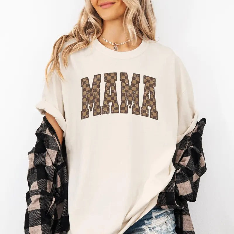Mama, Brown Checkered, Retro, Varsity, Mother's Day Tshirt, Women's Comfort Colors Tee Hoodie, Sweatshirt | HypeCrazeTee.com