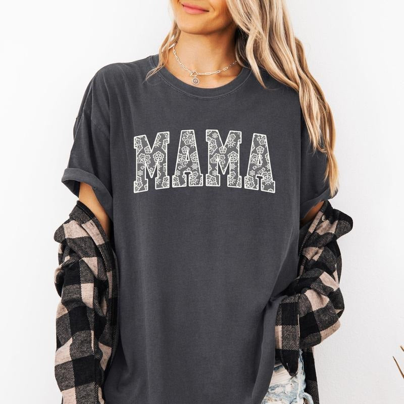 Mama, Faux Lace, Coquette, Varsity, Mother's Day Tshirt, Women's Comfort Colors Tee Hoodie, Sweatshirt | HypeCrazeTee.com
