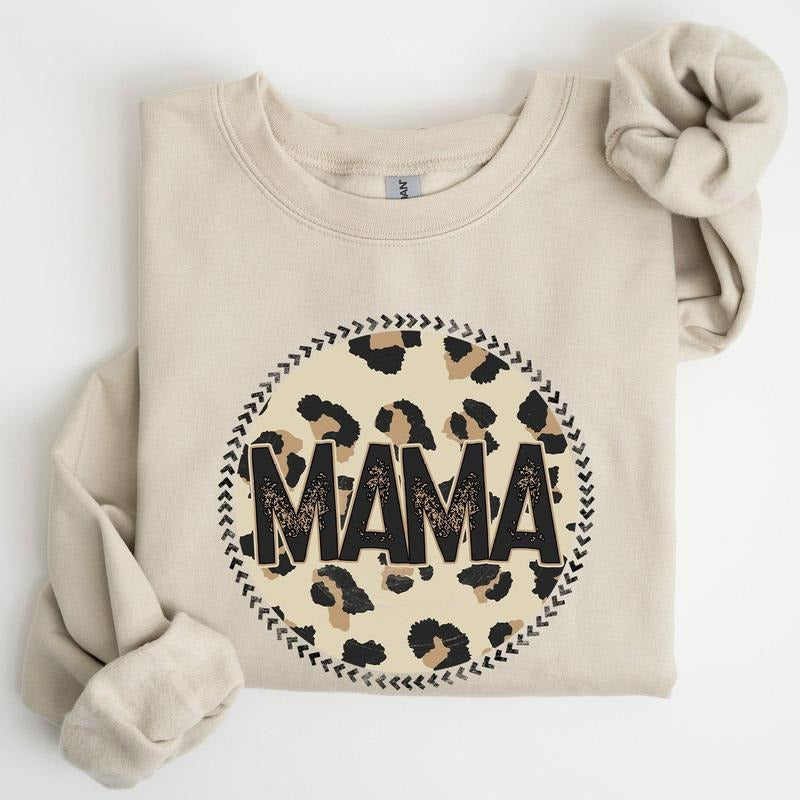 Mama, Leopard Print Circle, Western, Cowboy Sweatshirt, Crew Neck, Women's, Crewneck T-Shirts, Hoodie | HypeCrazeTee.com
