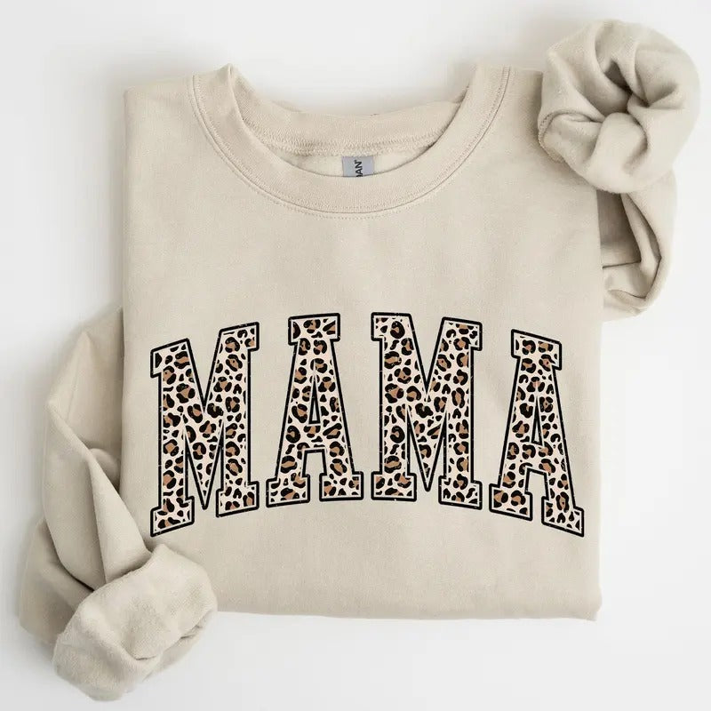 Mama, Leopard Print Sweatshirt, Crew Neck, Women's, Crewneck T-Shirts, Hoodie | HypeCrazeTee.com