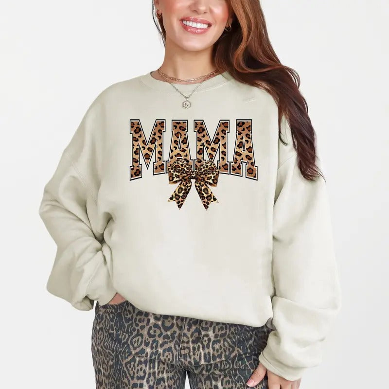Mama, Leopard Print, Bow, Ribbon, Mother's Day Sweatshirt, Crew Neck, Women's, Crewneck T-Shirts, Hoodie | HypeCrazeTee.com