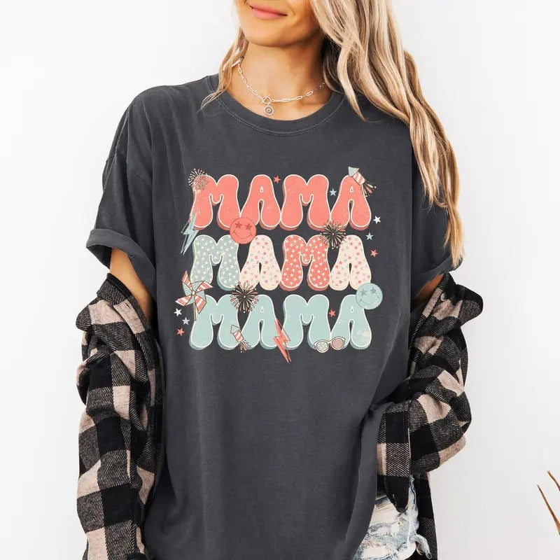 Mama, Patriotic, 4th of July, Fireworks, Retro, USA, America, 4th of July Tshirt, Women's Comfort Colors Tee Hoodie,...