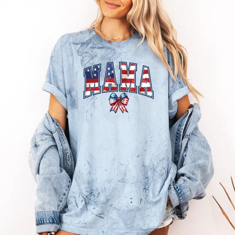 Mama, USA Flag, Patriotic, Varsity, Bow, Ribbon, America, 4th of July, Color Blast Tshirt Comfort Colors T-Shirt, Women's...