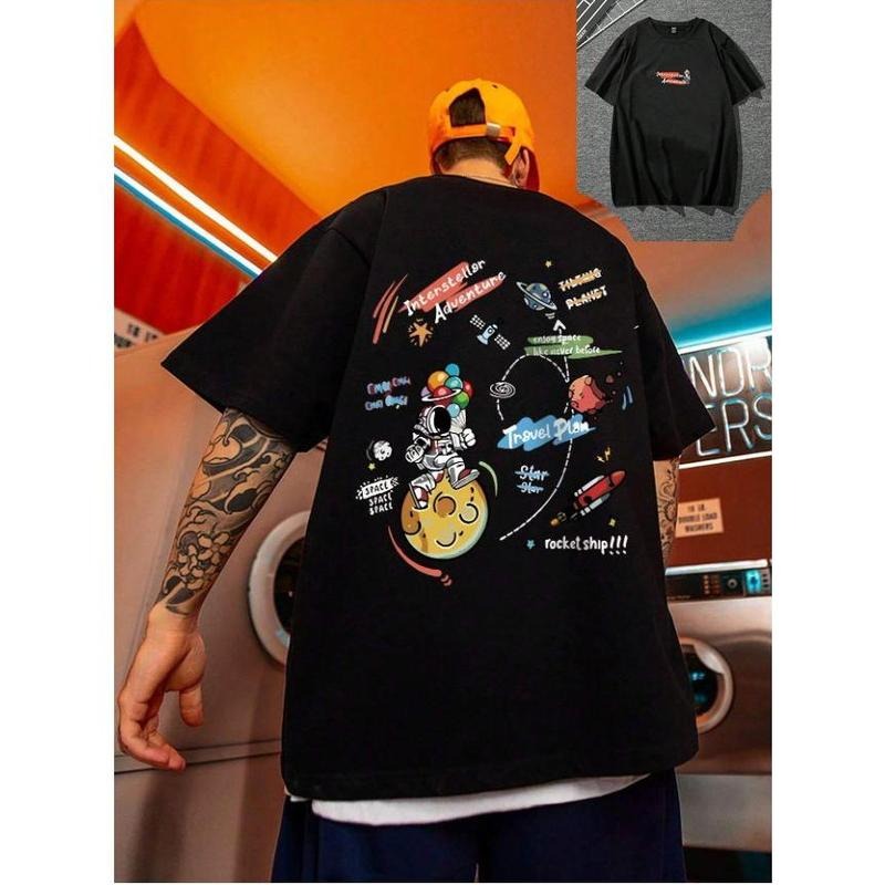 Manfinity EMRG Men's Drop Shoulder T-Shirt With Space Element & Letter Print, 2 Sided T-Shirt , Naughty Clothes Men,...