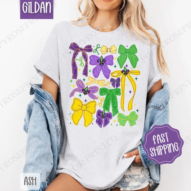 Mardi Gras Bows Shirt Gildan, Coquette Mardi Gras Women's Tee, Holiday Women's Tshirt Plus Sizes Hoodie, Sweatshirt