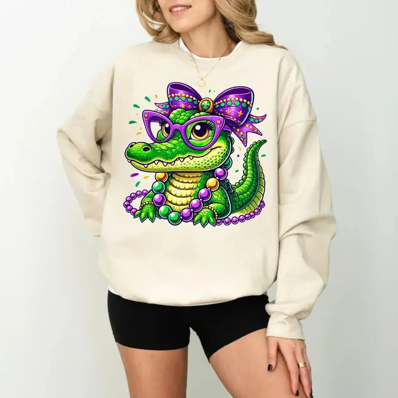 Mardi Gras Coquette Bow Tshirt Sweatshirt Hoodie, Mardi Gras Alligator, Louisiana Festival, New Orleans Carnival, Unisex...