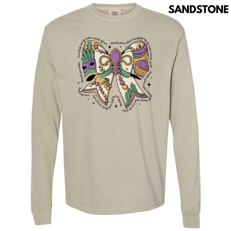 Mardi Gras Theme Bow Long Sleeve Comfort Colors T-Shirt Hoodie, Sweatshirt | HypeCrazeTee.com
