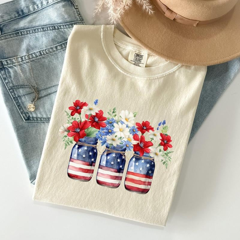 Mason Jars with Flowers, Patriotic, 4th of July Tshirt, Women's Crew Neck, Crewneck Hoodie, Sweatshirt | HypeCrazeTee.com
