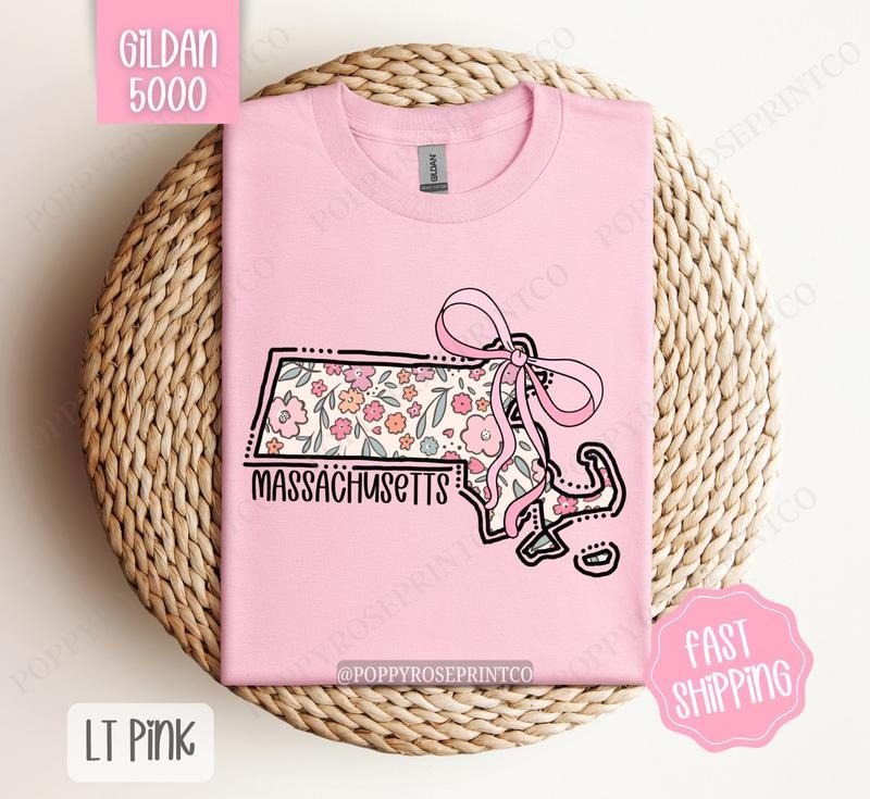 Massachusetts Gildan T-shirt, Cute Massachusetts State Shirt, Massachusetts Floral Bow Tee Hoodie, Sweatshirt