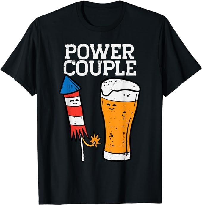 Matching Couple Shirts, Power Couple Firework Funny 4th Of July Patriotic T-Shirt Menswear Top Casual Cotton Fashion...