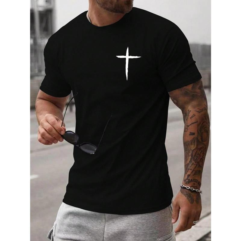 Men Cross Print Tee Pure Cotton Short Sleeve T-Shirt Hoodie, Sweatshirt | HypeCrazeTee.com