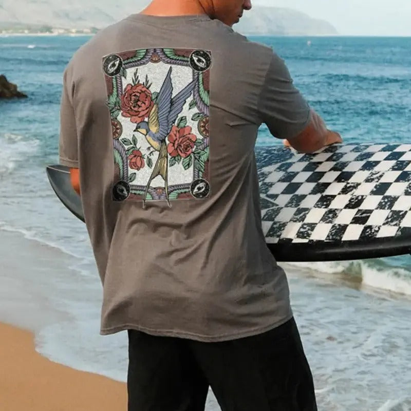 Men Flower-and-bird Printed Loose T-shirt Menswear Top Hoodie, Sweatshirt | HypeCrazeTee.com