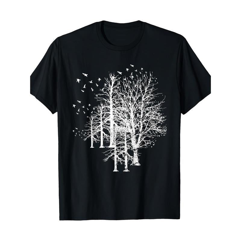 Men'S Basic Cotton T-Shirt with Wildlife Nature Birds & Forest Trees Print - Casual Round Neck Short Sleeve Tee for All...