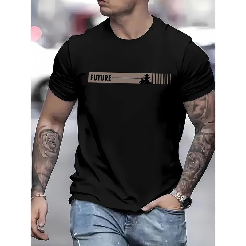 Men'S Casual Crew Neck T-Shirt with "FUTURE" Print, Short Sleeve, Knit Fabric, 95% Polyester 5% Spandex, Slight Stretch,...