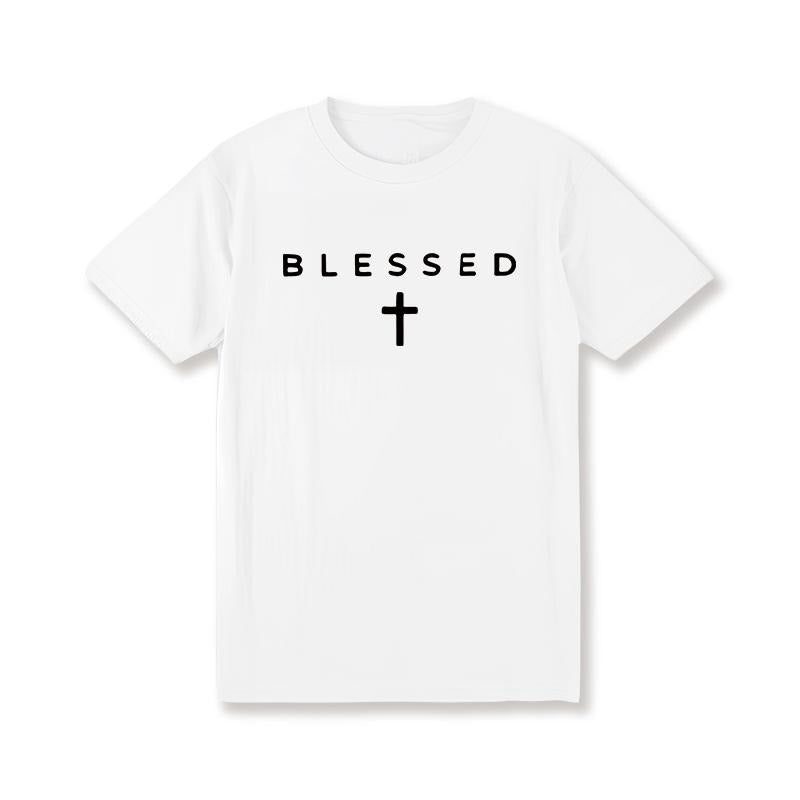Men'S Casual Crew Neck T-Shirt with Cross & "BLESSED" Letter Print, 100% cotton Knit Fabric, Regular Fit Short Sleeve Tee...