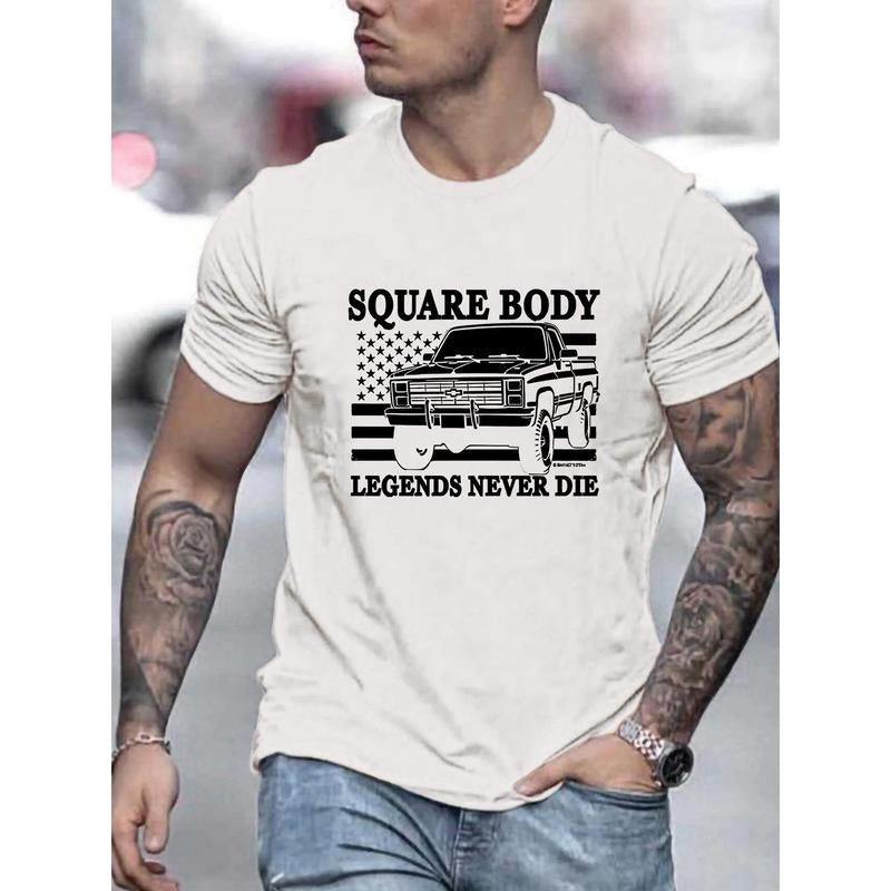 Men'S Casual Crew Neck T-Shirt, Polyester Knit Fabric with Slight Stretch, Summer Square Body Printed Tee, Regular Fit...