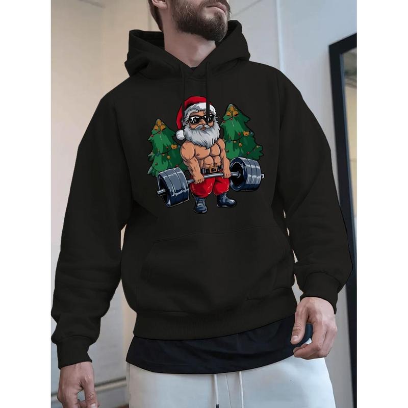 Men'S Christmas Santa Claus & Gym Graphic Hooded Sweatshirt - Long Sleeve Pullover with Santa Claus & Gym Design, Machine...