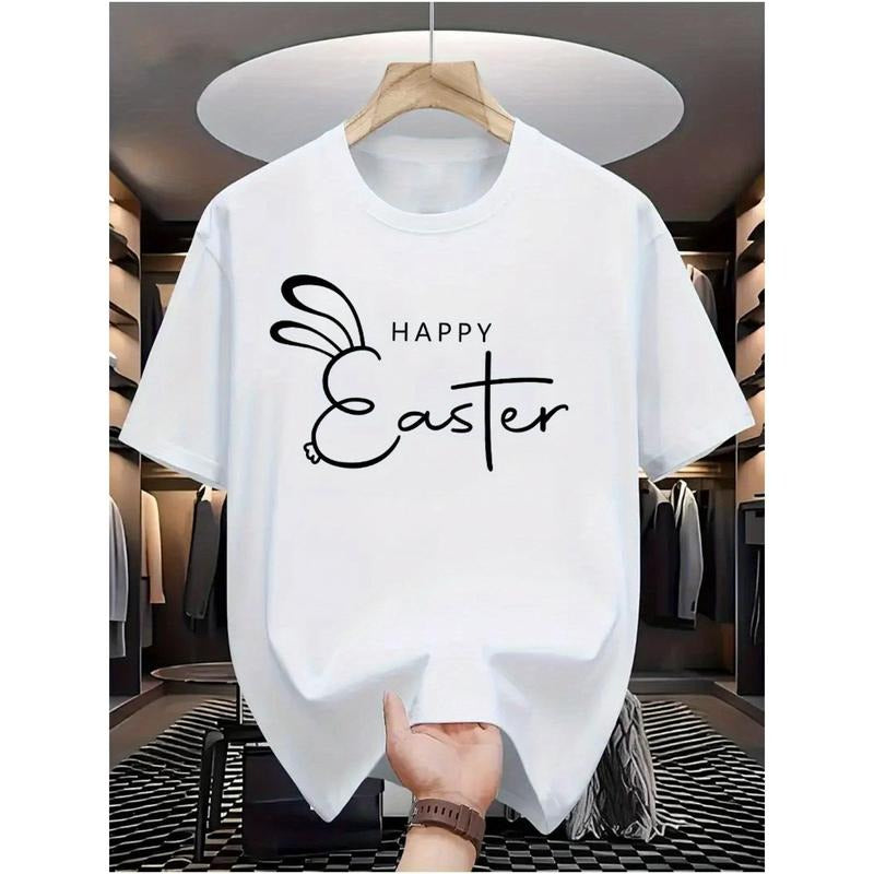 Men'S Fashion Casual Crew Neck T-Shirt with Happy Easter Alphabet Pattern, Knit Fabric Polyester, Regular Fit with Slight...