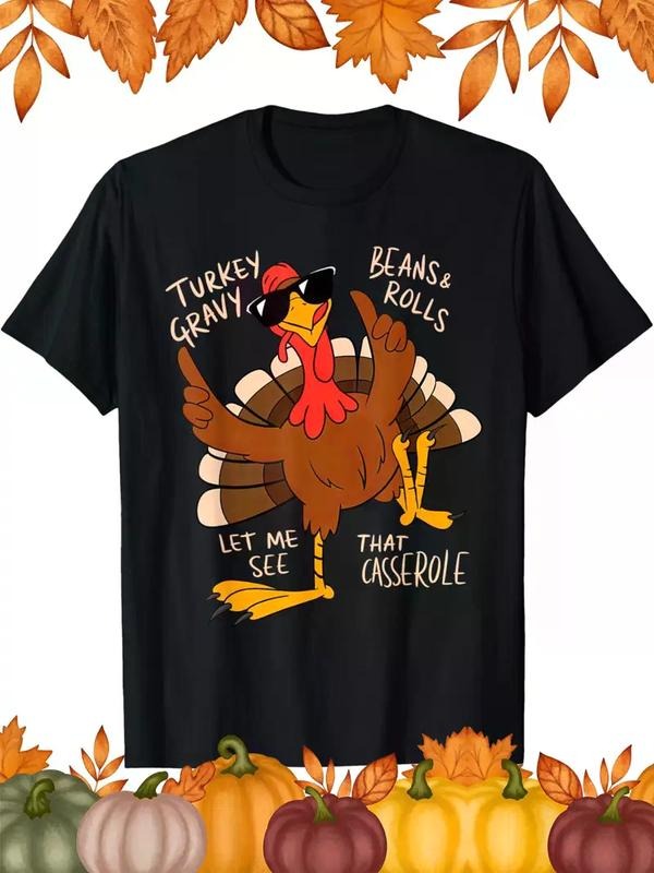 Men'S Funny Thanksgiving T-Shirt - Turkey Gravy Beans & Rolls Casserole Graphic Tee - Black Shirt with Red Turkey Design...