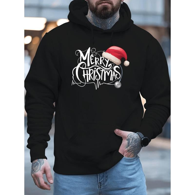Men'S Merry Christmas Hoodie, Casual Long Sleeve Polyester Sweatshirt, Winter Holiday Pullover with Alphabet Print,...