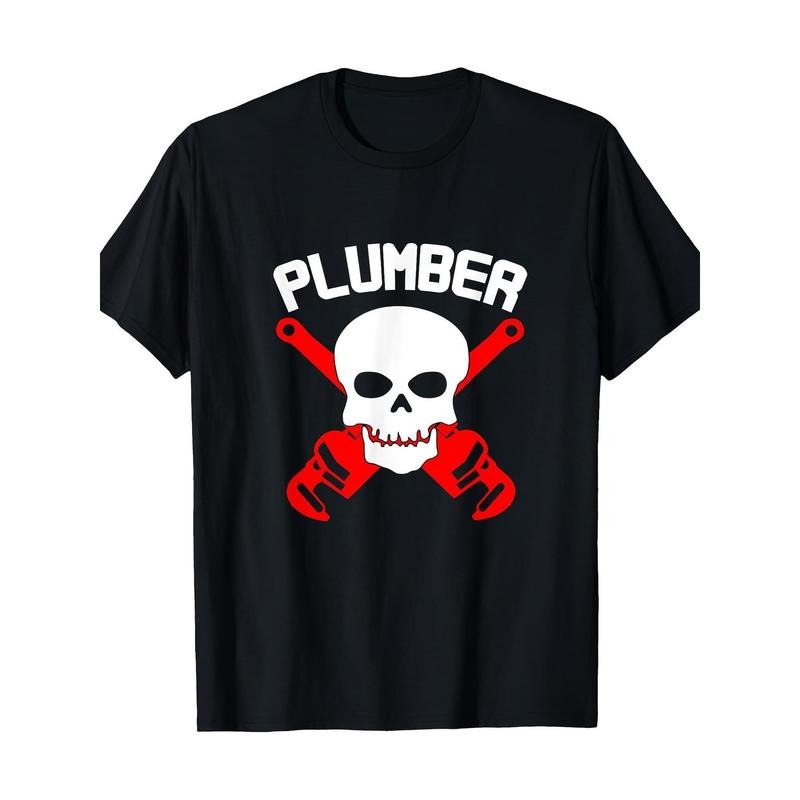 Men'S Plumbers Skull and Pipe Wrench Pattern T-shirt-100% Cotton Casual Black T-shirt Red and White with Printed Pattern...