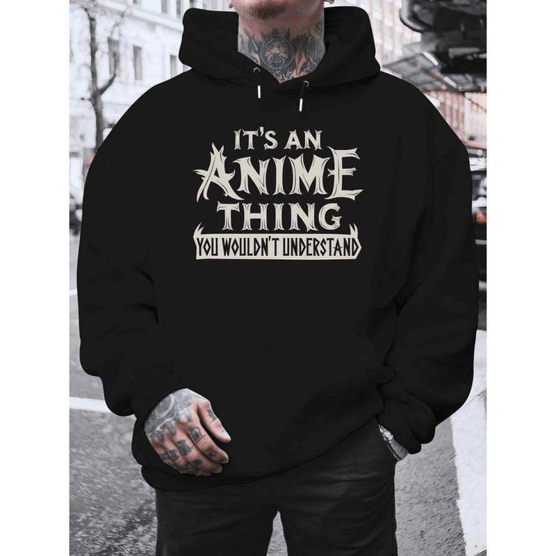 Men'S Plus Size Anime Graphic Hoodie - "It'S an Anime Thing You Wouldn't Understand" Print, Gray Plush Sweatshirt with...