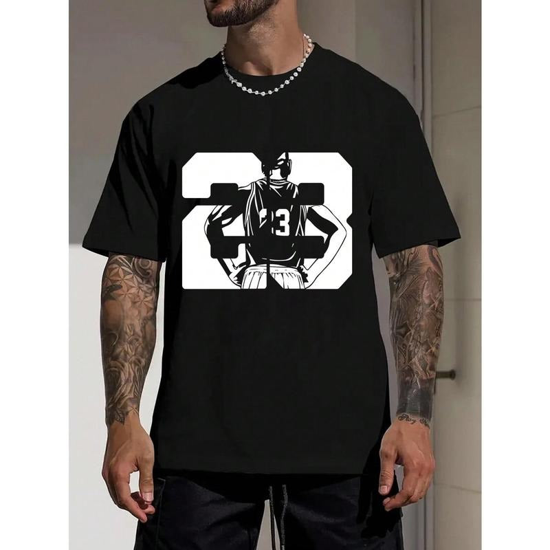 Men Summer Round Neck Short Sleeve T-Shirt With Number 23 And Back Of Basketball Player Patterns Printed Made in USA...