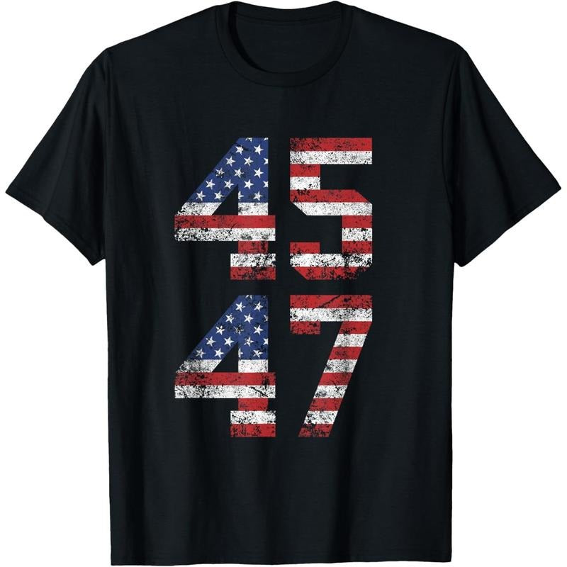 Men's "45 47" Trump American Flag Graphic Print T-Shirt Short Sleeve Casual Tee Hoodie, Sweatshirt | HypeCrazeTee.com