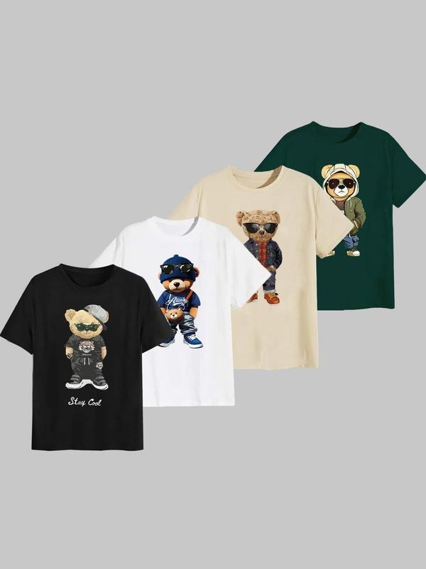Men's  Cartoon Bear Print Round Neck Tee, Regular Fit Casual Comfy Short Sleeve T-shirt for Summer, Men's Top for Daily...