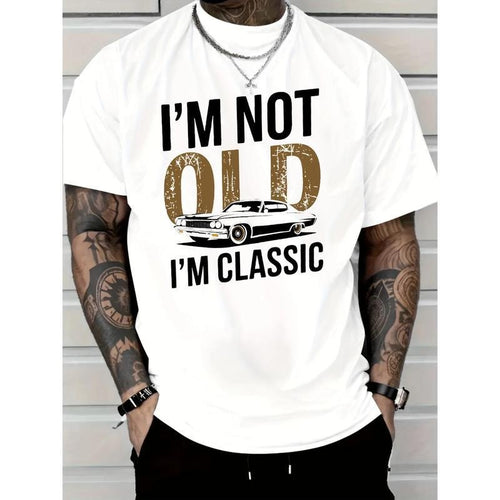 Men's "I'm Not Old, I Am Classic" Pattern T-shirt-Soft Cotton, Casual Crew Neck, Short Sleeve, Vintage Car Print-Durable...
