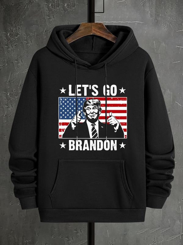 Men's "Let's Go Brandon" Letter & Figure & Flag Print Hoodie, Regular Fit Casual Drawstring Pocket Hooded Sweatshirt for...