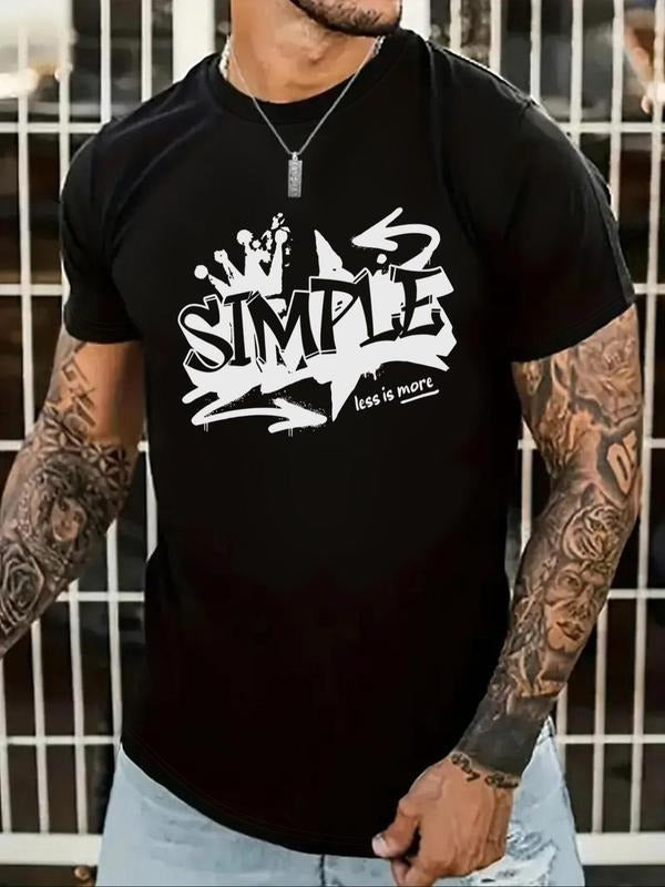 Men's  Letter Print Round Neck Graphic Tee, Casual Short Sleeve Crew Neck T-shirt for Daily Wear, Fashion Men's Top for...