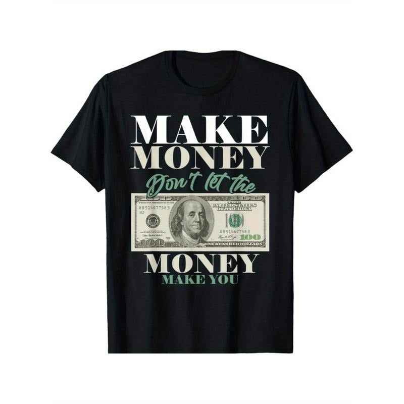 Men's 'Make Money, Don't Let Men In' Pattern T-Shirt- Black Casual T-Shirt with Bold Dollar Bill Design, Crew Neck,...