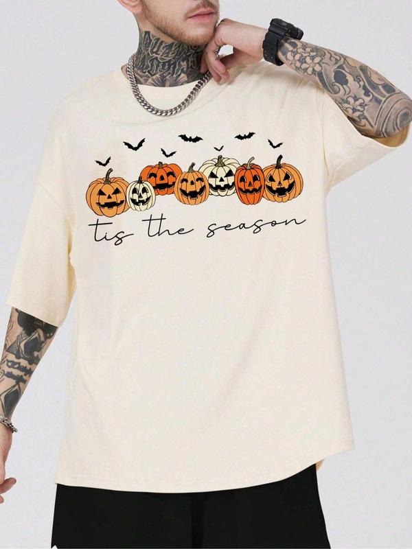 Men's  Pumpkin & Letter Print Drop Shoulder Tee, Regular Fit Casual Comfy Round Neck Half Sleeve T-shirt for Summer,...