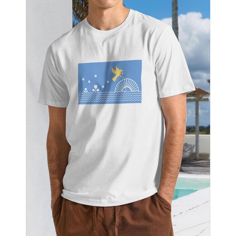 Men's  Pure Cotton Short Sleeve T-Shirt - Black Relaxed Fit Round Neck with Peace Dove & Rainbow Geometric Print,...