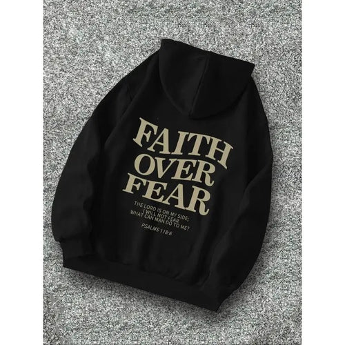Men's "faith Over Fear" Slogan Print Drawstring Hoodie, Street Casual Regular Fit Long Sleeve Pocket Hooded Sweatshirt...
