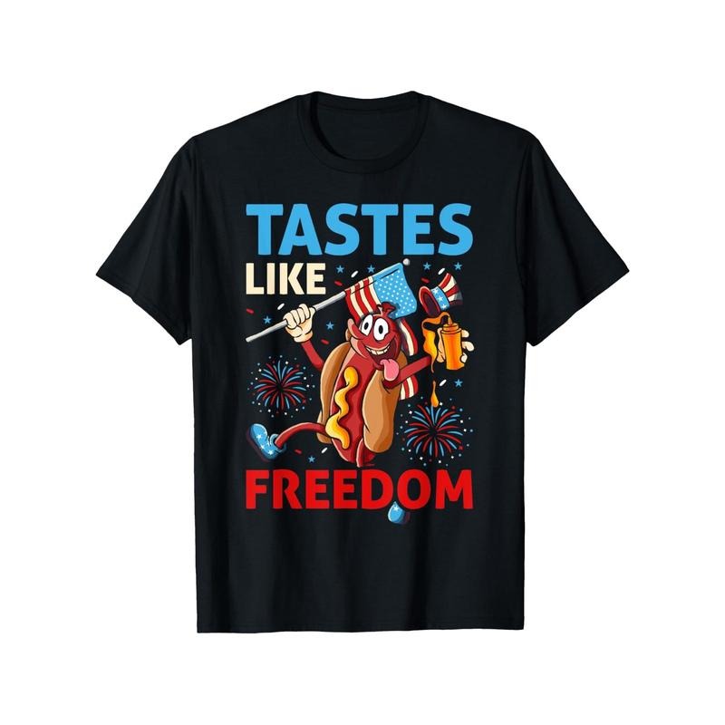 Men's 100% Cotton  Patriotic T-Shirt - Uncle Sam Hot Dog & Fireworks Design with "Tastes Like Freedom" Slogan, Black...