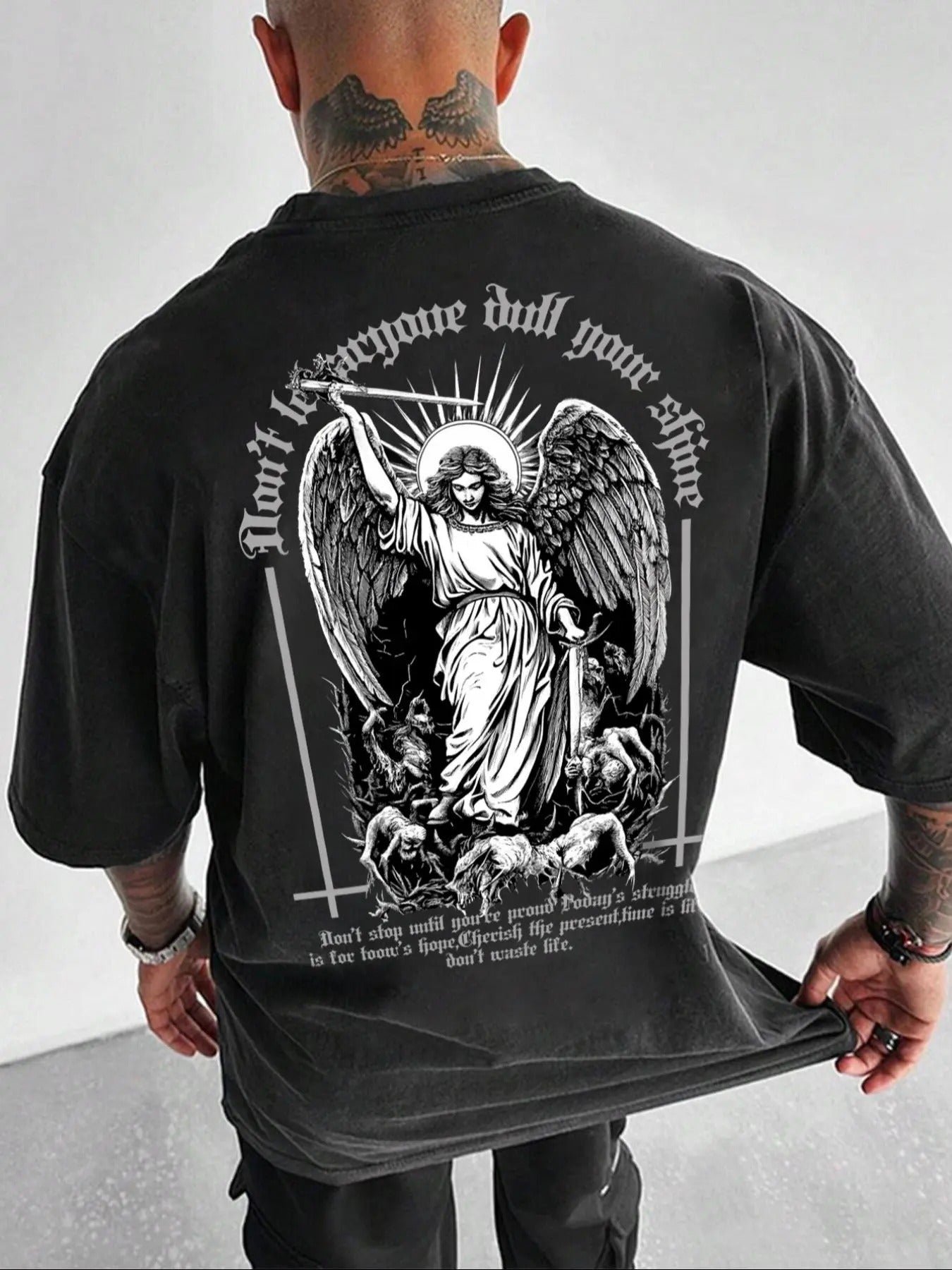 Men's 100% Cotton Angel Graphic Print Washed Distressed Crew Neck Tee, Regular Fit Casual Comfy Short Sleeve Round Neck...