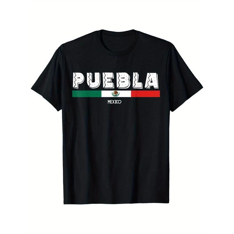 Men's 100% Cotton Mexico Puebla T-Shirt with Mexican Flag Design - Black, Breathable, Sweat Absorbent, All-Season Comfort...