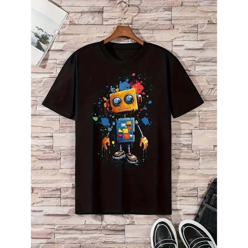 Men's 100% Cotton Robot Graphic Print T-Shirt, Casual Short Sleeve Crew Neck T-Shirt, Men's Outdoor Menswear Top Hoodie,...