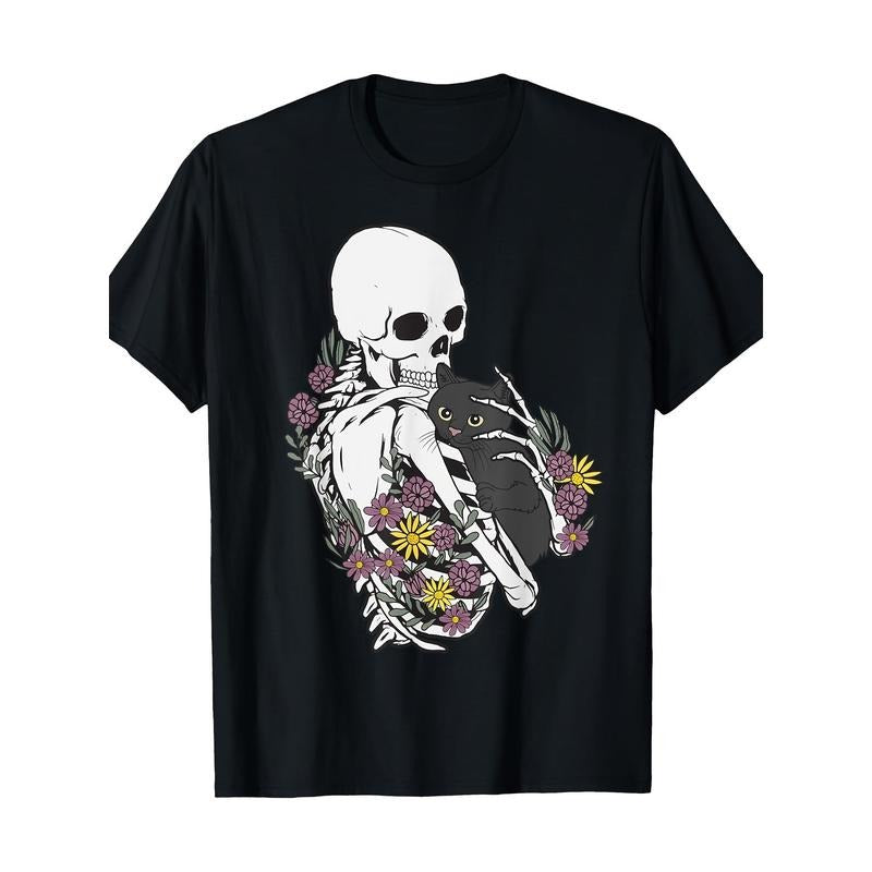 Men's 100% Cotton Skull & Cat Graphic Tee - Casual Short Sleeve Crew Neck T-Shirt, Breathable & Soft for All Seasons Made...