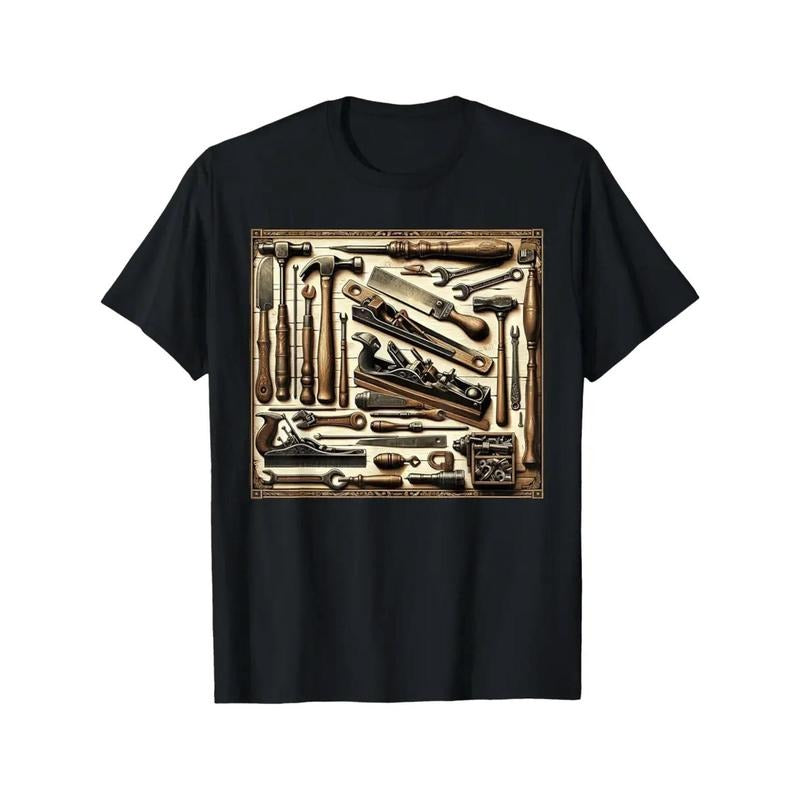 Men's 100% Cotton Vintage Woodworking Tools Graphic T-Shirt - Black & Golden Print Streetwear Casual Loose Fit Round Neck...