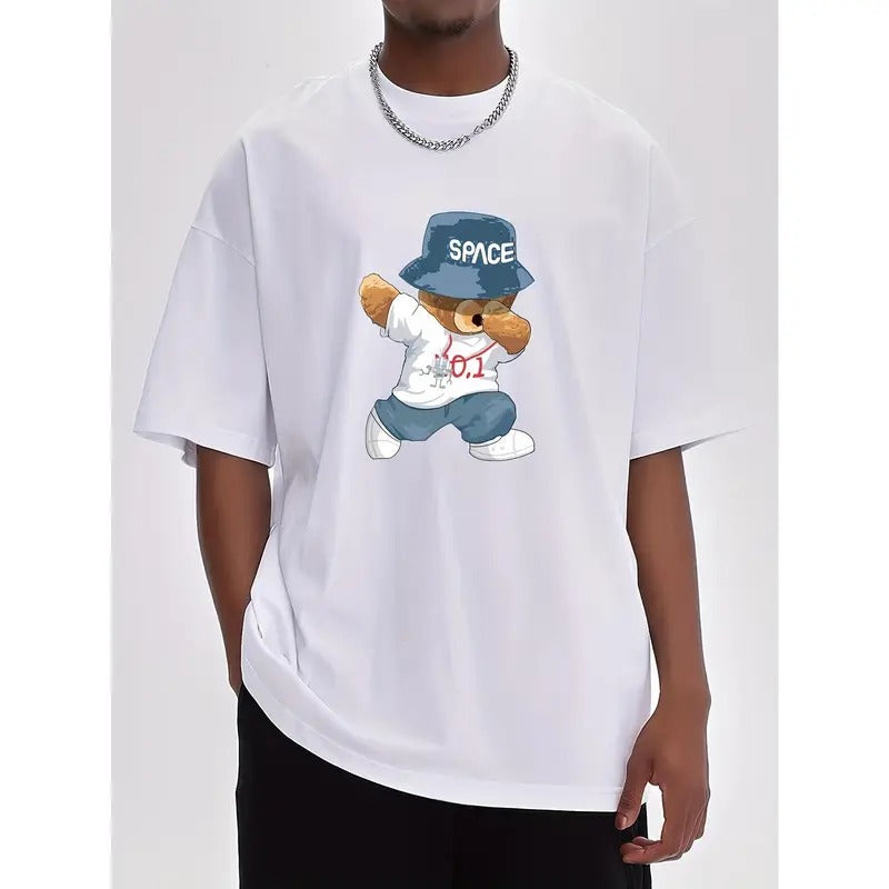 Men's 100% cotton bear graphic print t-shirt, short sleeve crew neck t-shirt, summer outdoor wear for men Menswear Top...