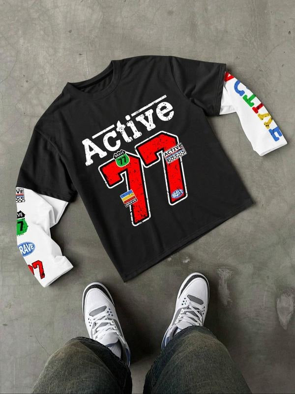 Men's 2 IN 1 Letter & Number Print Long Sleeve Tee, Casual Round Neck T-shirt for Daily Wear, Men's Top for All Seasons...