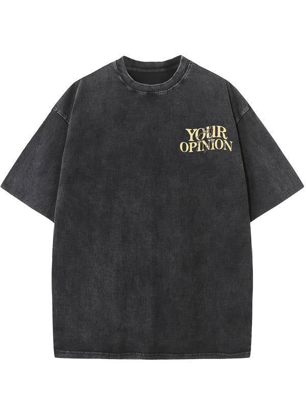 Men's 230g heavy cotton vintage street style T-shirt - acid-washed black gold text 'YOUR OPINION' print, loose hip-hop...